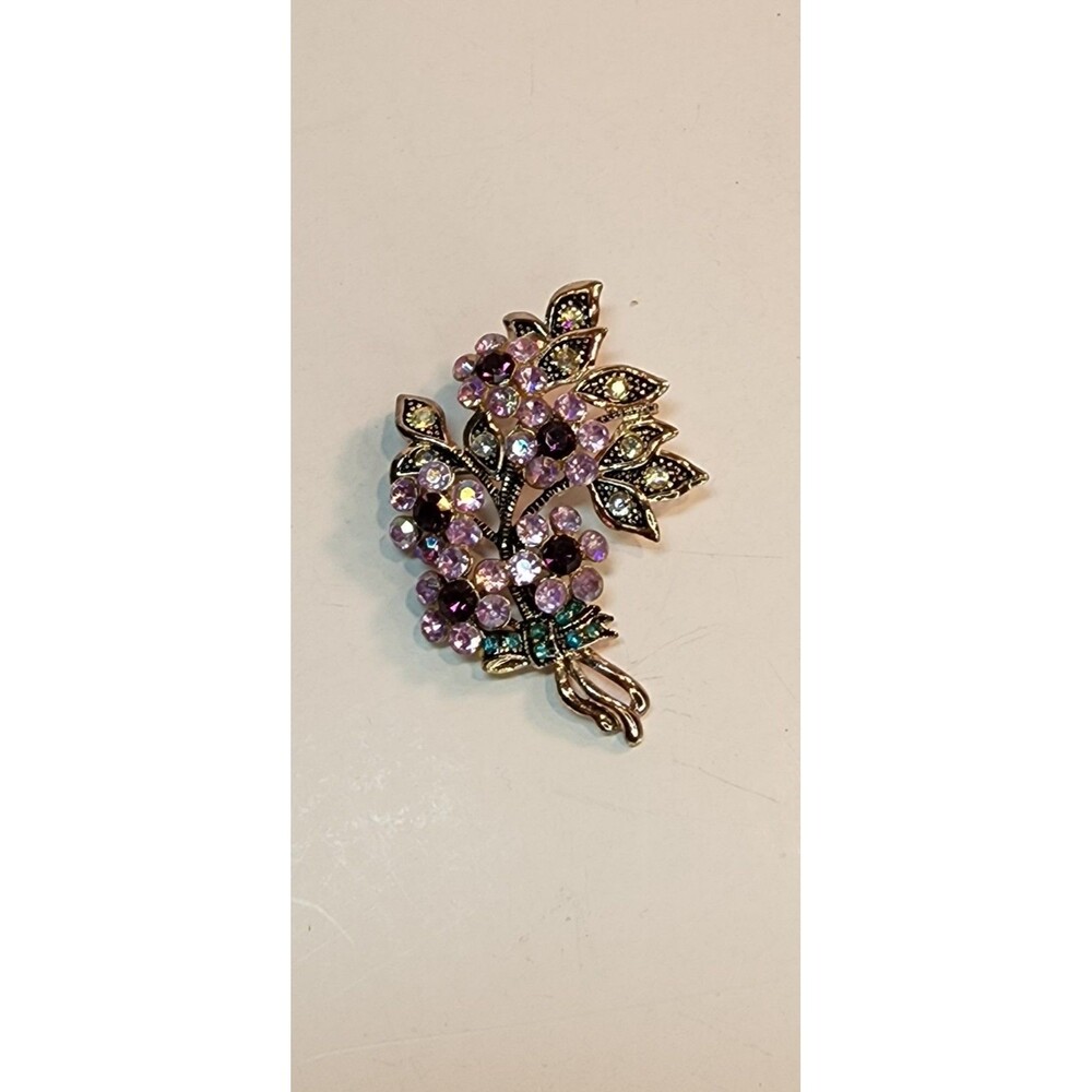 Vintage Nina Ricci for Avon Brooch Purple Flower Bouquet Rhinestone Silver Tone